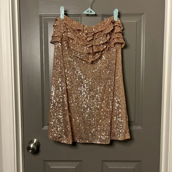 🥂Free People New Frida Ruffle Mini Dress Sequined Bronze 6 Cocktail Party - Picture 12 of 13